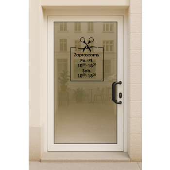 Naklejka z godzinami otwarcia – z motywem nożyczek